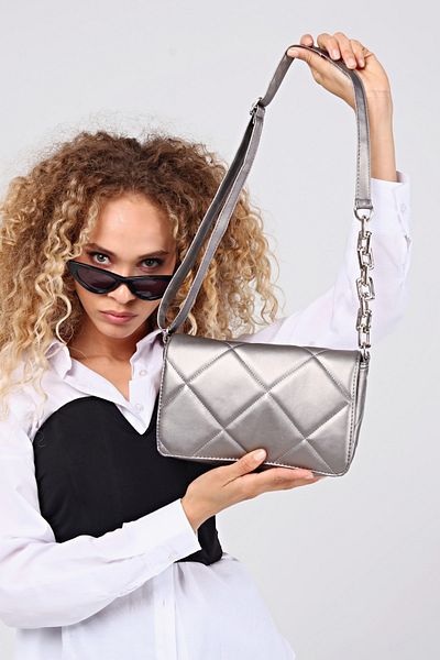 Güce Silver Anthracite Large Quilted Plastic Chain Strap Hand and Shoulder Bag Gc015812