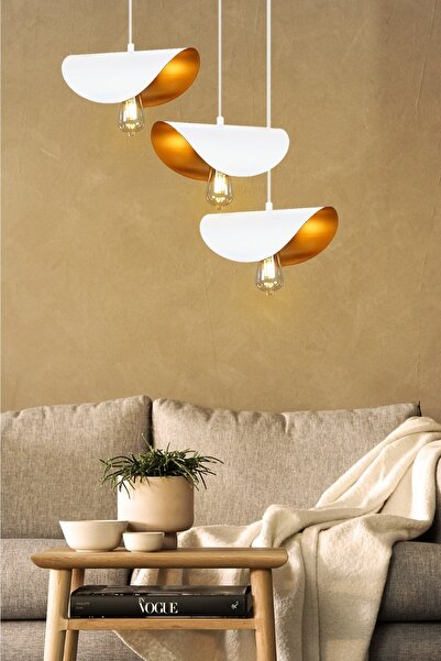 NOONLUX DESIGN&LIGHTING 3 Lü Metal Sarkıt Beyaz Gold Oturma Odası Yatak Odası...