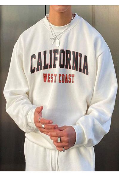Buğraterzimoda Hanorac oversize alb cu imprimeu California pentru bărbați