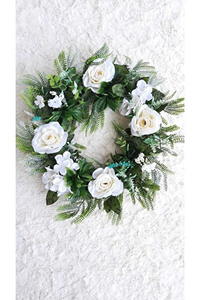 Lotus Hediye Beyaz Güllü Kapı Süsü-çelenk