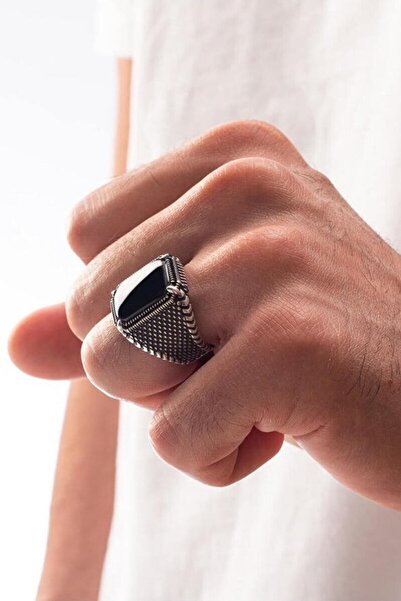 Anı Yüzük Erkek Siyah Onisk Taşlı 925 Ayar Gümüş Yüzük Özel Tasarım Desenli M...