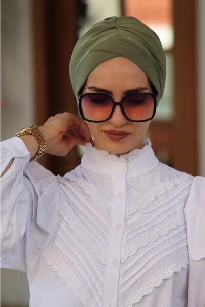 Amisos Bone Şal Hazır Tesettür Giyim Çapraz Bone Haki - Özel Tasarım- Yeni Model Tesettür Giyim