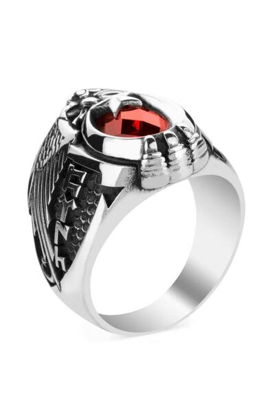 Anı Yüzük Erkek Türk'ün Kudreti Yüzüğü Göktürkçe Türk Yazılı Ay Yıldız Detaylı Kırmızı Taşlı Gümüş Yüzük
