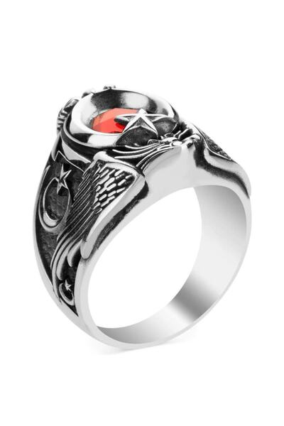 Anı Yüzük Erkek Türk'ün Kudreti Yüzüğü Göktürkçe Türk Yazılı Ay Yıldız Detaylı Kırmızı Taşlı Gümüş Yüzük