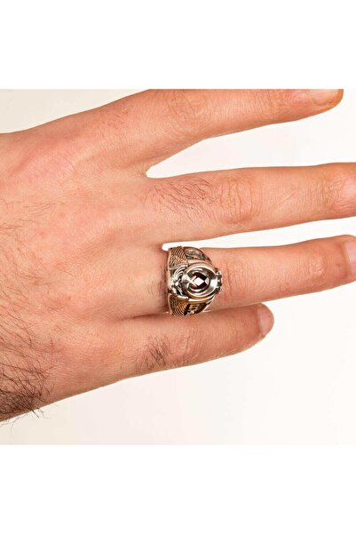 Anı Yüzük Erkek Türk'ün Kudreti Yüzüğü Göktürkçe Türk Yazılı Ay Yıldız Detaylı Kırmızı Taşlı Gümüş Yüzük