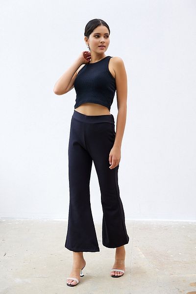 InStyle High Waist Flared Leg Double Fabric Trousers - Black