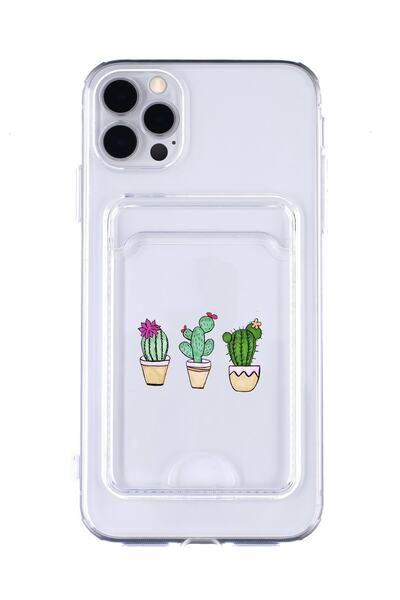 mooodcase Iphone 11 Pro Max Uyumlu Üçlü Kaktüs Desenli Şeffaf Kamera Korumalı Ve Kartlıklı Telefon Kılıfı