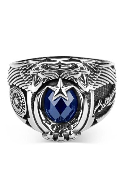 Anı Yüzük Atatürk Imzalı Armalı Pençe Detaylı Mavi Zirkon Taşlı Özel Tasarım 925 Ayar Gümüş Polis Yüzüğü