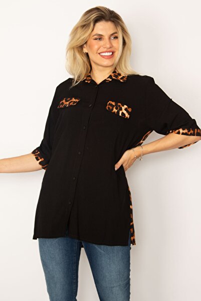 Şans Γυναικείο πουκάμισο από ύφασμα βισκόζης 65n34279 με γαρνιρισμένο μαύρο loopard μεγάλου μεγέθους