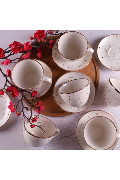 Tulü Porselen Reactive 46 Krem 12 Parça 6 Kişilik Cappuccino Latte Fincan Tak...