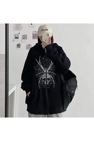 Gofeel Harajuku Fashion Spider Skull Relaxed Hoodie Jacket Jacket