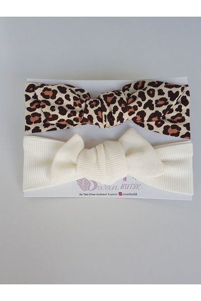swan butik Baby Girl Child Bandana αγκράφα Σετ 2 τεμαχίων Κρεμ Rib, Leopard Rabbit Ear Bandana