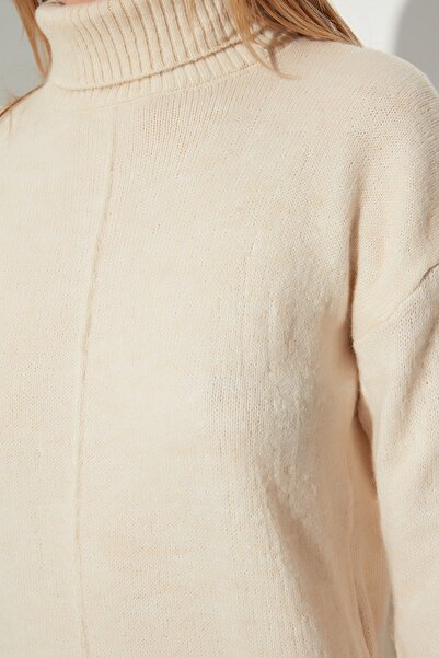 Trendyol Collection Φόρεμα πλεκτό μπεζ μάλλινο ζιβάγκο TWOAW23EL00536