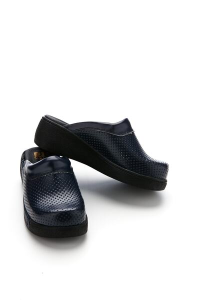 DRMOON Navy Blue Colored Women's Wedge Sole Genuine Leather Sabo Slippers