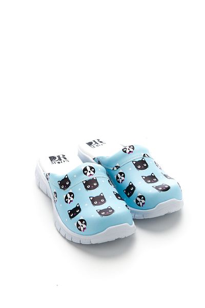 DRMOON Cat Patterned Women's Comfortflex Sole Genuine Leather Sabo Slippers