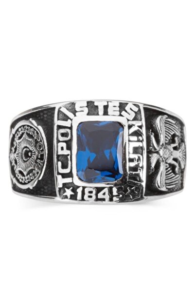 Anı Yüzük Erkek Kare Model Mavi Taşlı Özel Tasarım 925 Ayar Gümüş Polis Teşki...