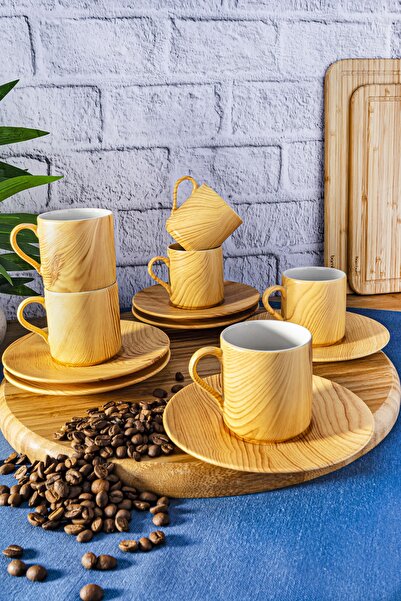 Bambum Figure - 6 Kişilik Kahve Fincan Takımı Ahşap Desenli