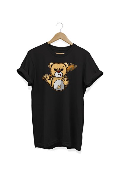 WİDİ تي شيرت أسود مطبوع عليه دمية دب غاضب