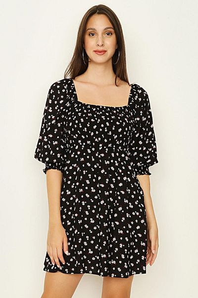 Select Moda Women's Black Floral Patterned Square Collar Gipe Detailed Mini Dress