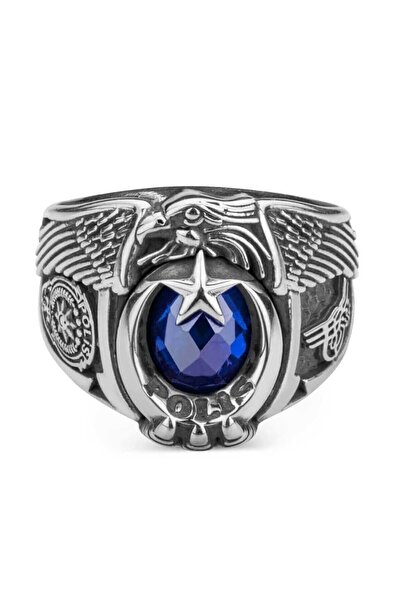 Anı Yüzük Tek Kartal Başlı Osmanlı Tuğralı Pençe Figürlü 925 Ayar Gümüş Polis Yüzüğü Mavi Zirkon Taşlı