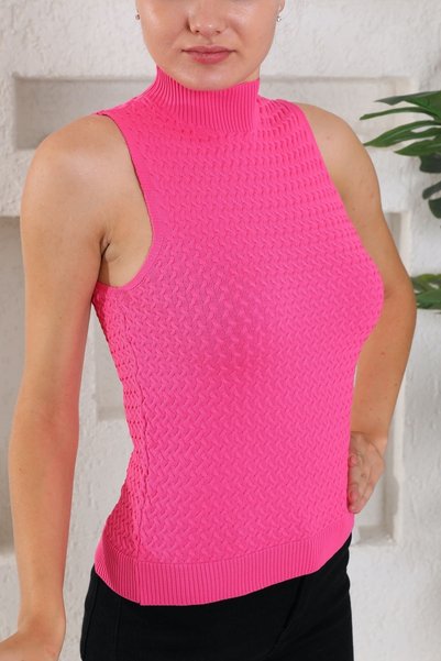 diaves Bluză tricotată cu guler rotund și mâneci zero, cu model tricotat, fucsia, pentru femei