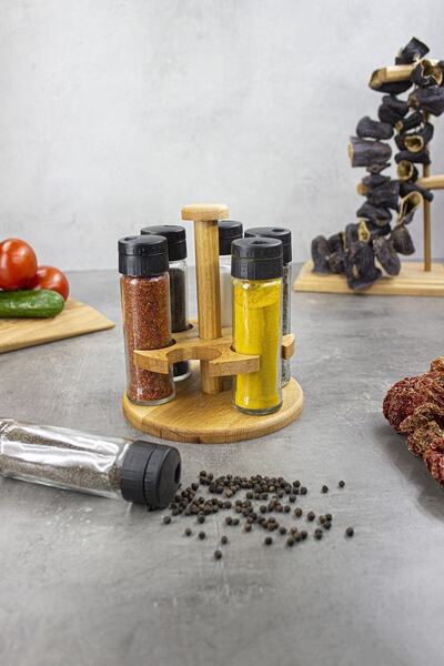 KukiWood طقم توابل الزنجبيل 6 قطع، طقم توابل دائري 6 قطع مع حامل خشبي