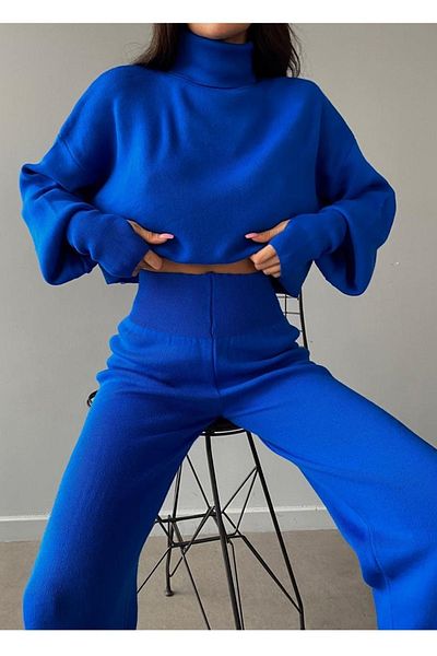 bayansepeti Bluză crop tricotajă albastră Saks brodate și pantaloni tricotaj cu talie înaltă Set dublu 015