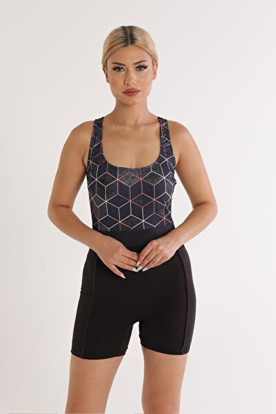 Swana Дамски черен бански костюм с геометрични мотиви