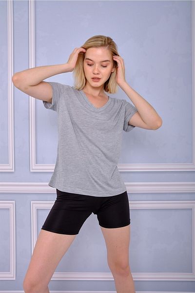 ESPİNA Women's Gray V-Neck Short Sleeve T-shirt