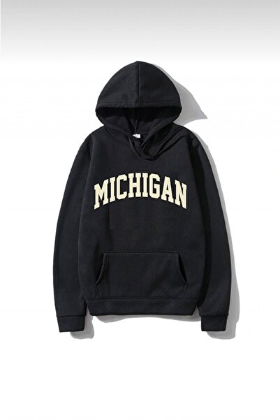 BOHEMGİYİM سويت شيرت بقلنسوة كبير الحجم مطبوع عليه ميشيغان باللون الأسود للجنسين