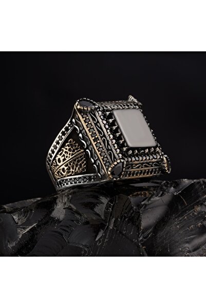 RevSilver 925 Ayar Gümüş Erkek Yüzük Yeşil Akik Taşı Siyah Oniks Kare Şık Takı