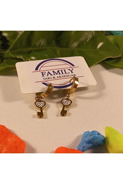 FAMİLY Zirkon Taşlı Anahtar Temalı Halka Gold Renk Çelik Küpe