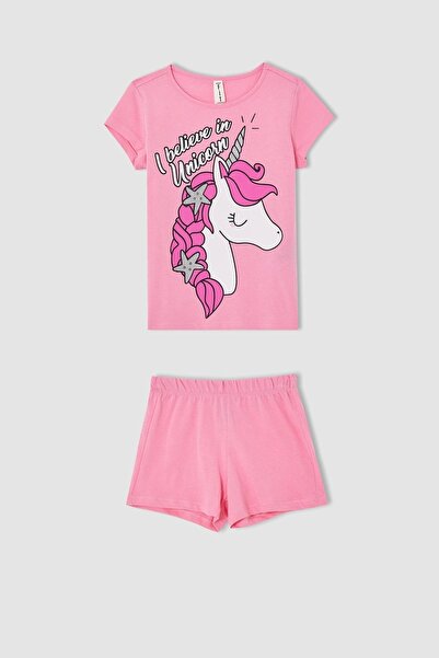 DeFacto Girl's Fit Regular Fit Unicorn Printed Short Sleeve Pajama Set