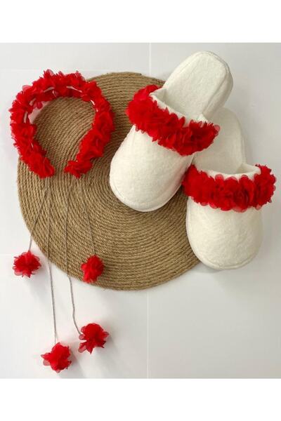 irembaby Anne Lohusa Seti Kırmızı Sarkan Küpeli Çiçekli Lohusa Tacı Ve Terlik...