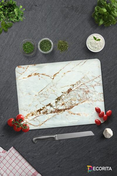 Decorita مظهر من الرخام الأبيض مع تفاصيل ذهبية |   لوح تقطيع الزجاج - لوح تقطيع الزجاج |   30 سم × 40 سم