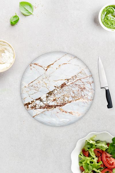 Decorita White Marble Look with Gold Detail |   Glass Cutting Board - Glass Cutting Board |   Diameter 32cm