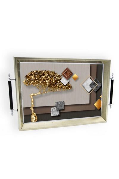 Sembol 50x31 Cm Ağaç Desen Gümüş Ahşap/cam Tepsi G-1010