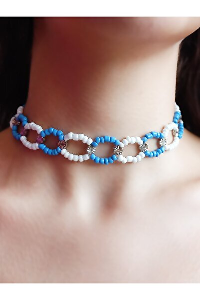 VALAR Mavi Ve Beyaz Boncuklu Choker Kolye / Tasma Kolye