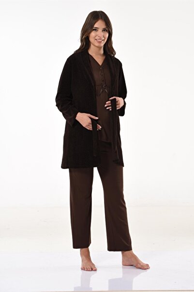 Miss Dünya Lissa Kadife Sabahlıklı Kahverengi Hamile Ve Lohusa Pijama Takımı