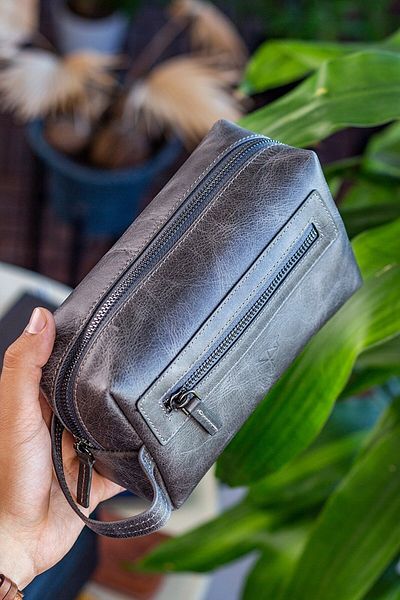 Garbalia Τσάντα Boston από γνήσιο δέρμα Unisex Crazy Grey Portfolio με λαβή και πλαϊνή θήκη με φερμουάρ