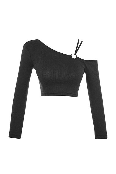 Trendyol Collection Black Accessory Detailed Piping Fitted Crop Ribbed Stretchy Knitted Blouse TWOAW23BZ00349