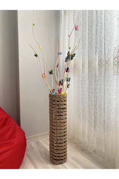 Asenya Hasır Örgü Vazo 70 Cm Yapay Çiçek Vazosu Çiçeklik Dekoratif Saksı Deko...
