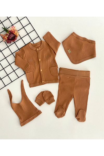 Necix's Our Cheerful Babies Organic Fabric Embroidered 5 Piece Hospital Discharge Set Brown