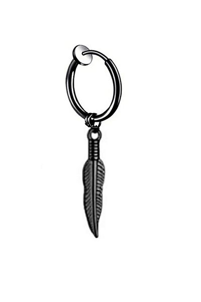 The Collection Unisex Black Compression Pendant Eagle Feather Hoop Earrings