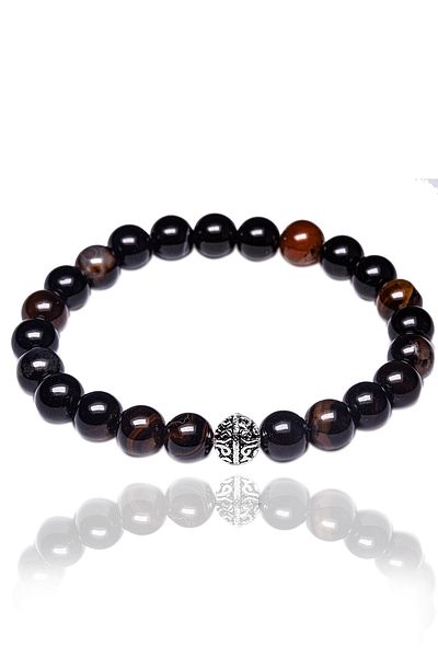 Tesbih Atölyesi Natural Black Agate Stone Bracelet with Silver Device