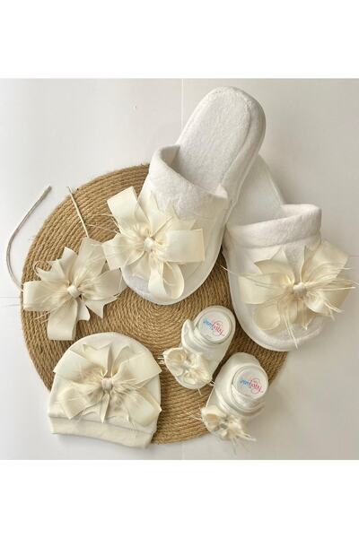 irembaby Anne Bebek Lohusa Seti Krem Lohusa Tacı Terlik Bebek Ayakkabısı Ve B...