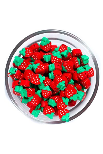 yfhobi 10 Adet - Polimer Fimo Boncuk, Kırmızı Çilek Desenli Polimer Kil Boncu...