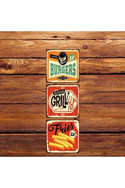 hazalshop Poster din lemn retro cu trei burgeri Ü151