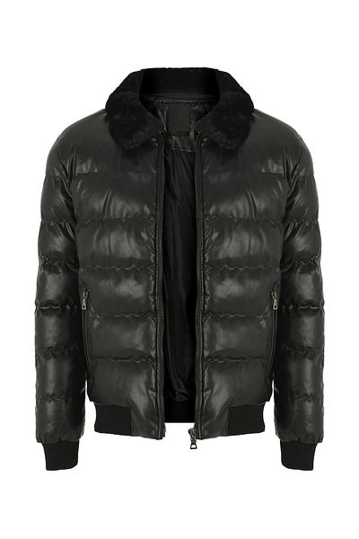 Oliggopol Ανδρικό μαύρο γούνινο γιακά Slim Fit Puffer Δερμάτινο μπουφάν & παλτό