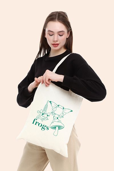 BAGAND Ακατέργαστη υφασμάτινη τσάντα Frogs με δώρο σουβέρ